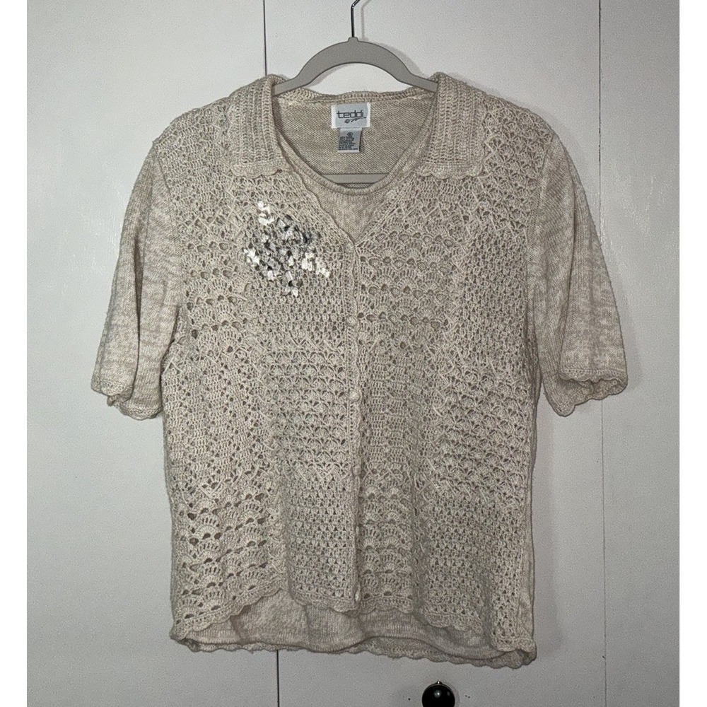 Vintage Teddi Crochet Cardigan Sweater 2fer Beige Ribbon Embellishment XL 19x23